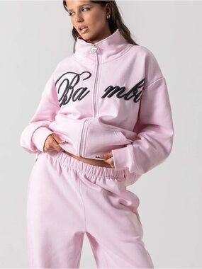 Embroidered Script Pink Bomber Zip Jacket - Women